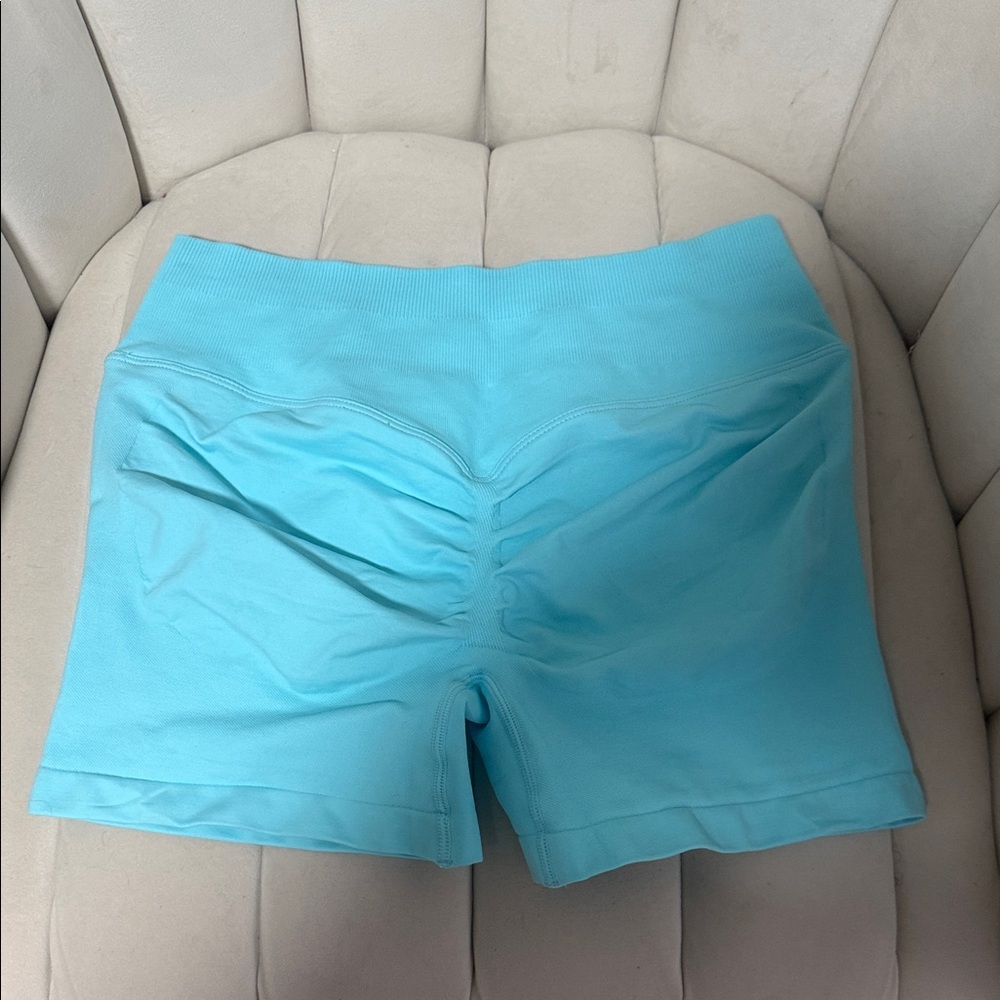 Women’s High-Waist Ruched Light Blue Athletic Shorts